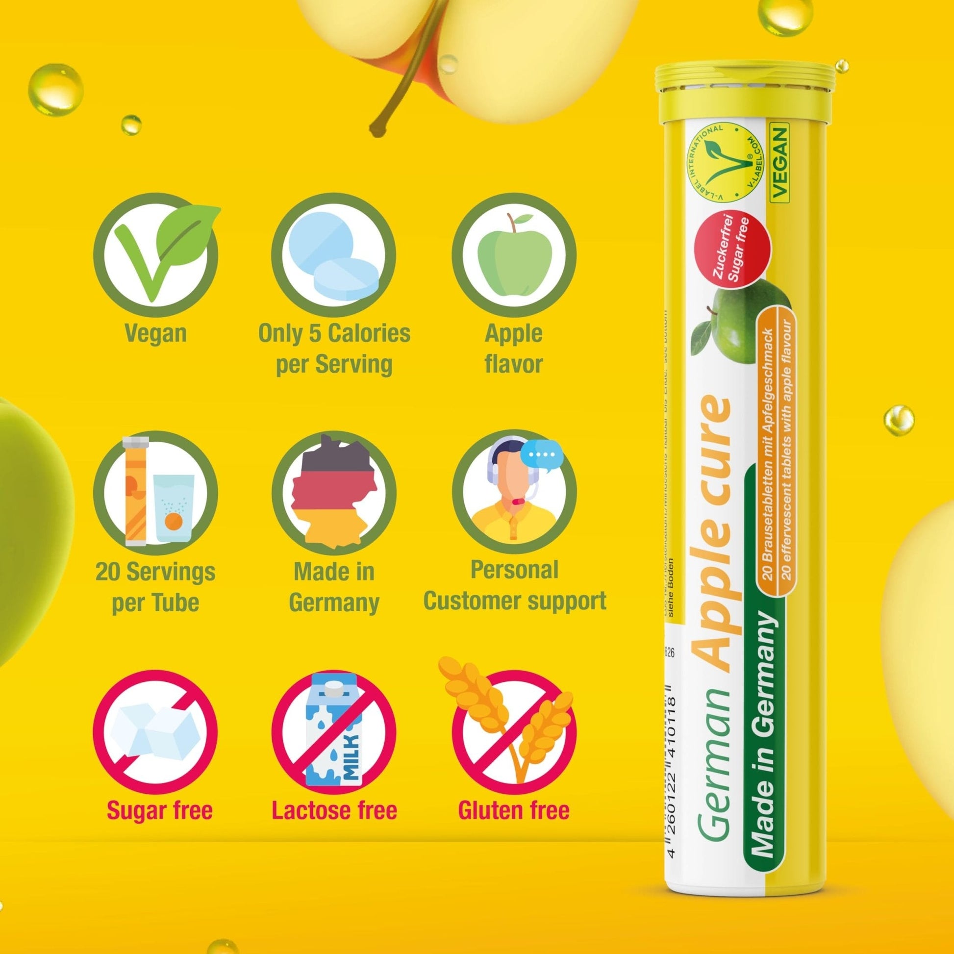 T&D German Apple Cure - 40 Vegan Drink Effervescent Tablets - Apple Flavor - Made in Germany - Maple Wellness Supplements
