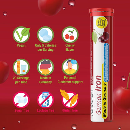 T&D German Iron 14 mg - 140 Vegan Drink Effervescent Tablets - Cherry Flavor - Made in Germany - Maple Wellness Supplements