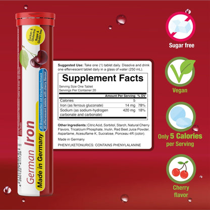 T&D German Iron 14 mg - 40 Vegan Drink Effervescent Tablets - Cherry Flavor - Made in Germany - Maple Wellness Supplements