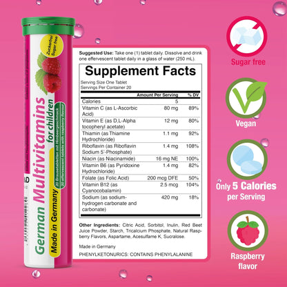 T&D German Multivitamin for Children 60 Drink Effervescent Tablets - Sweet Raspberry Flavour, Sugar Free, Vegan - Vitamin C, E, B1, B2, B6, B12 - Maple Wellness Supplements