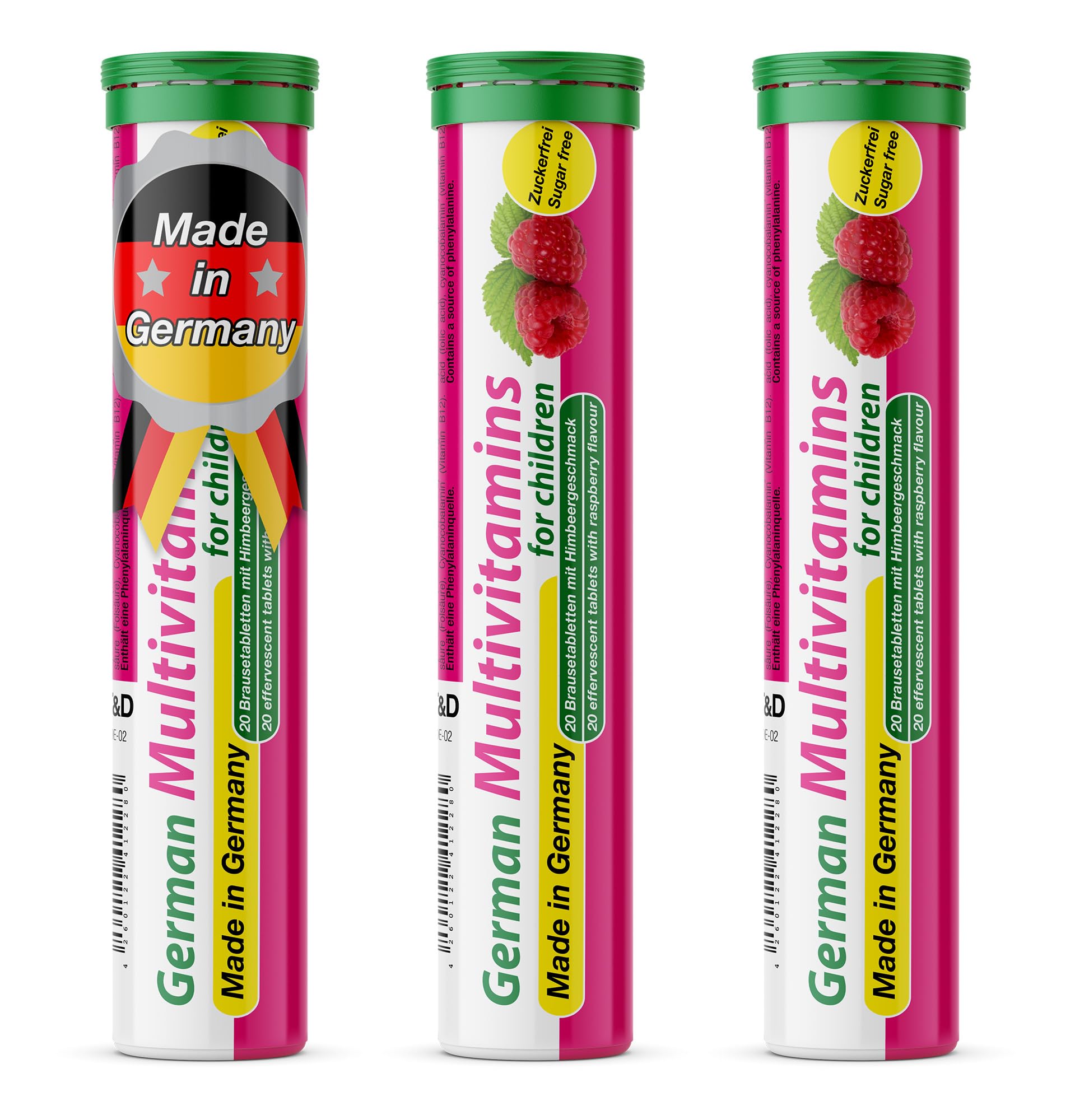 T&D German Multivitamin for Children 60 Drink Effervescent Tablets - Sweet Raspberry Flavour, Sugar Free, Vegan - Vitamin C, E, B1, B2, B6, B12 - Maple Wellness Supplements