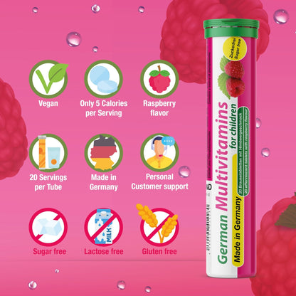 T&D German Multivitamin for Children 60 Drink Effervescent Tablets - Sweet Raspberry Flavour, Sugar Free, Vegan - Vitamin C, E, B1, B2, B6, B12, Folic Acid, Niacin Pharma – Made in Germany - Maple Wellness Supplements