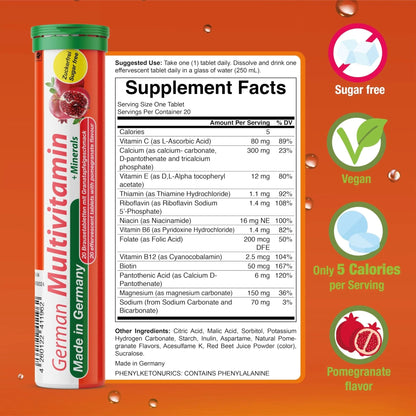 T&D German Multvitamin + Minerals 10 Vitamins 2 Minerals - 100 Vegan Drink Effervescent Tablets - Pomegranate Flavor - Maple Wellness Supplements