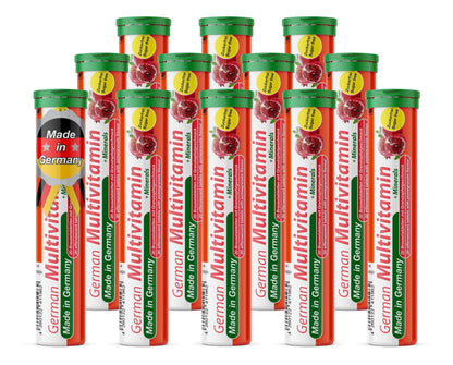 T&D German Multvitamin + Minerals 10 Vitamins 2 Minerals - 240 Vegan Drink Effervescent Tablets - Pomegranate Flavor - Made in Germany - Maple Wellness Supplements