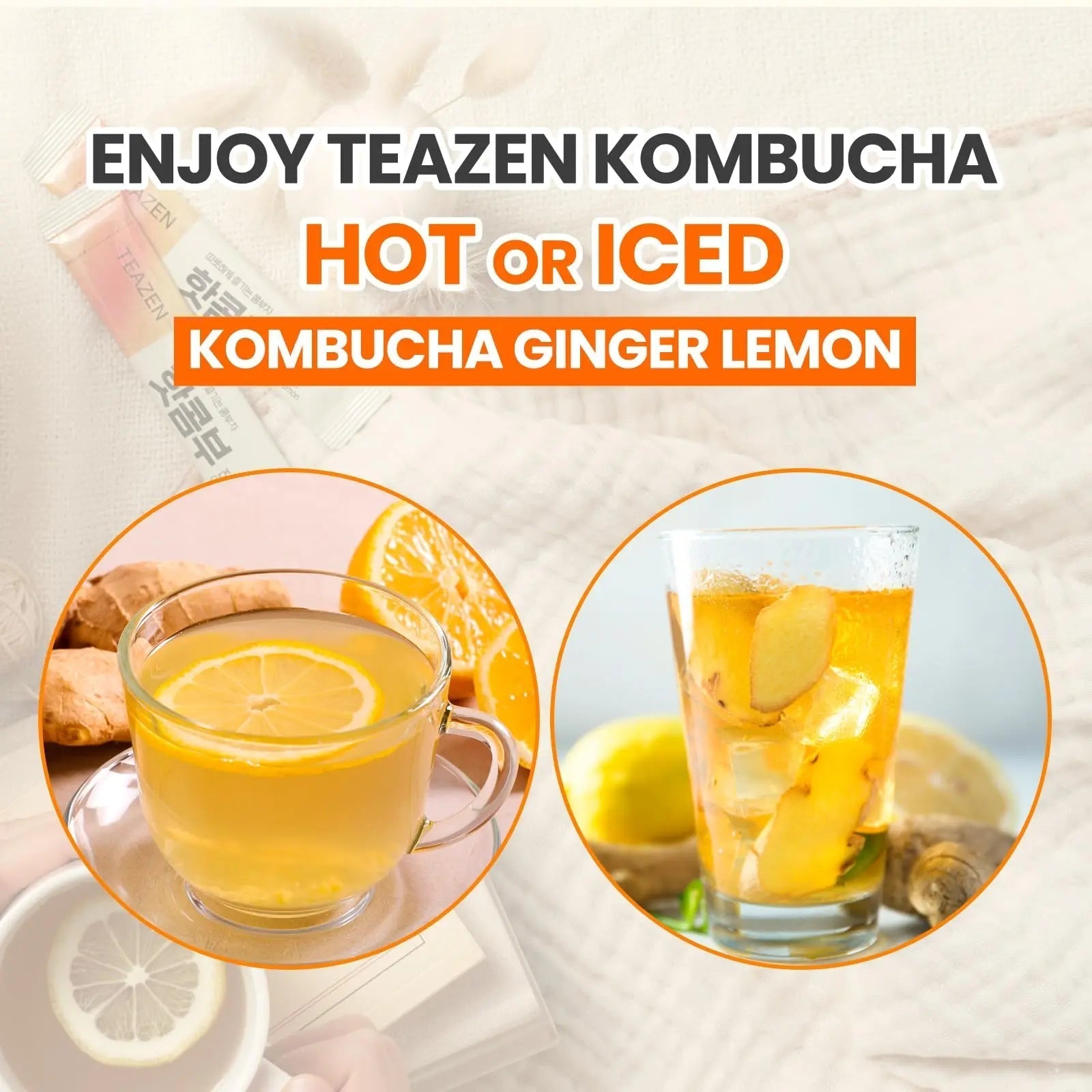 TEAZEN Lemon Ginger Hot Kombucha Tea, Live Probiotics & Postbiotics, Relaxation and Warmth for Colds and Sore Throat, Hydration Drink Mix, Sugar Free, 30 Sticks, 5.29oz - Maple Wellness Supplements