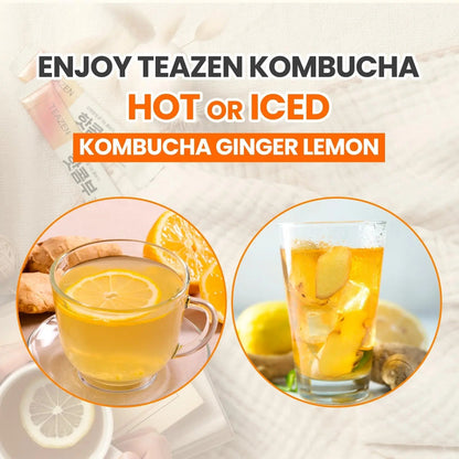 TEAZEN Lemon Ginger Hot Kombucha Tea, Live Probiotics & Postbiotics, Relaxation and Warmth for Colds and Sore Throat, Hydration Drink Mix, Sugar Free, 30 Sticks, 5.29oz - Maple Wellness Supplements