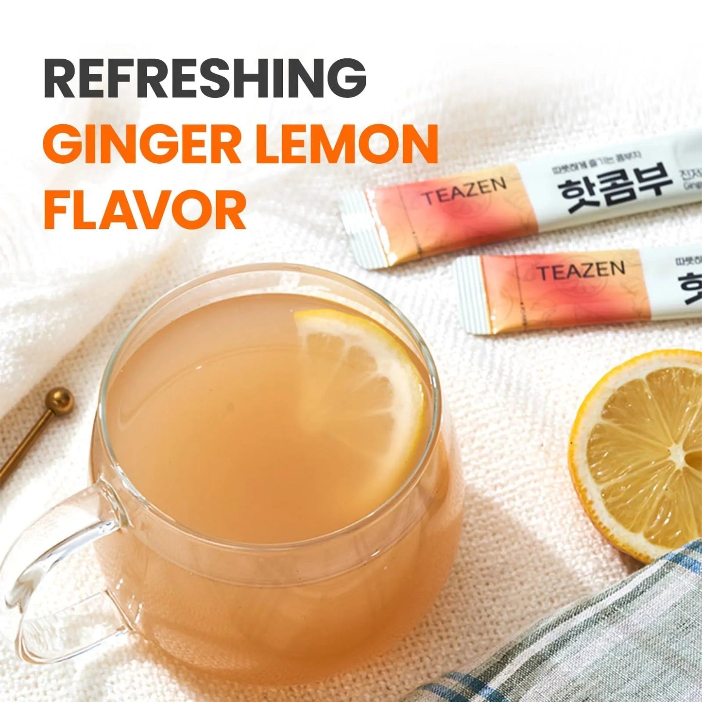 TEAZEN Lemon Ginger Hot Kombucha Tea, Live Probiotics & Postbiotics, Relaxation and Warmth for Colds and Sore Throat, Hydration Drink Mix, Sugar Free, 30 Sticks, 5.29oz - Maple Wellness Supplements