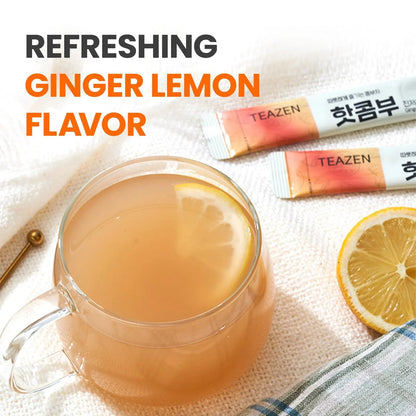 TEAZEN Lemon Ginger Hot Kombucha Tea, Live Probiotics & Postbiotics, Relaxation and Warmth for Colds and Sore Throat, Hydration Drink Mix, Sugar Free, 30 Sticks, 5.29oz - Maple Wellness Supplements