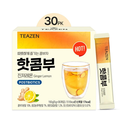 TEAZEN Lemon Ginger Hot Kombucha Tea, Live Probiotics & Postbiotics, Relaxation and Warmth for Colds and Sore Throat, Hydration Drink Mix, Sugar Free, 30 Sticks, 5.29oz - Maple Wellness Supplements