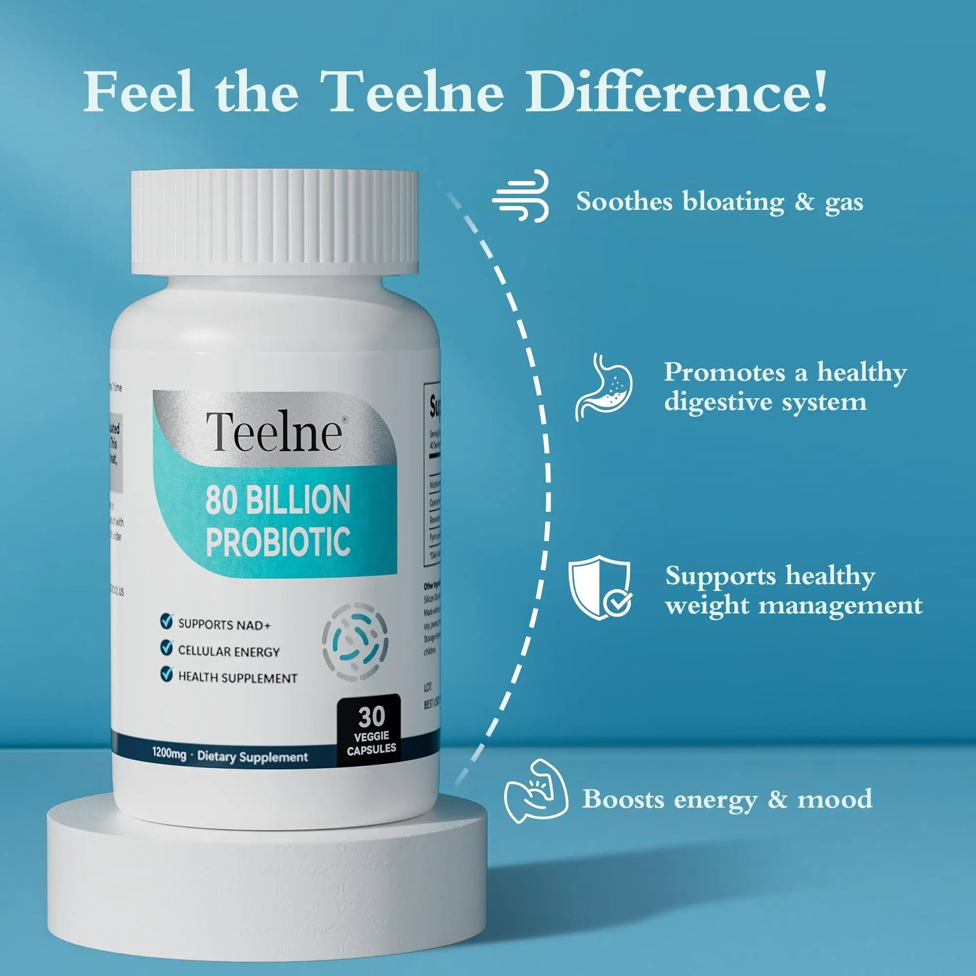 Teelne Probiotics 80 Billion CFU - 10 strains, Prebiotic+ Probiotics Support Digestive & Gut Health, Bloating & Constipation Relief, 30 Capsules (30-Day Supply) - Maple Wellness Supplements