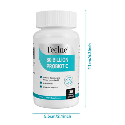 Teelne Probiotics 80 Billion CFU - 10 strains, Prebiotic+ Probiotics Support Digestive & Gut Health, Bloating & Constipation Relief, 30 Capsules (30-Day Supply) - Maple Wellness Supplements