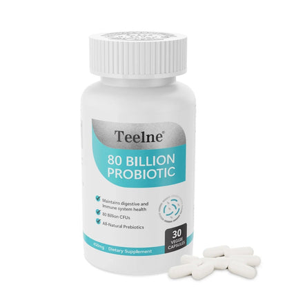 Teelne Probiotics 80 Billion CFU - 10 strains, Prebiotic+ Probiotics Support Digestive & Gut Health, Bloating & Constipation Relief, 30 Capsules (30-Day Supply) - Maple Wellness Supplements