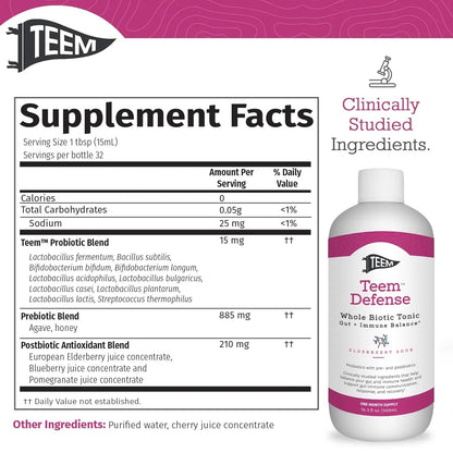 Teem Defense Liquid Probiotic with Elderberry, Whole Biotic Tonic for Digestion & Immunity, Prebiotic Probiotic & Postbiotic Supplement for Kids and Adults, 30 Day Supply – 16.3 Fl.Oz - Maple Wellness Supplements