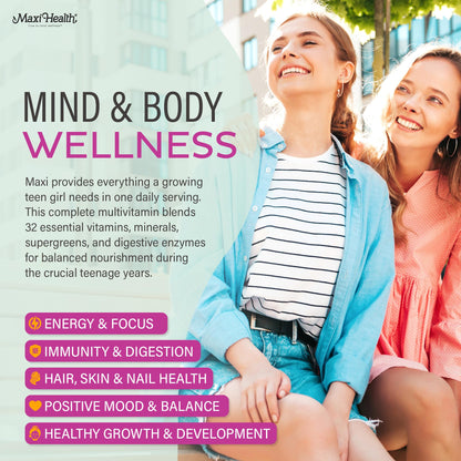 Teen Vitamins for Girls 12-17 - Teen Multivitamin D3, Iron, Calcium, Biotin, Zinc, Digestive Enzymes – Teenager Girl Multi Vitamins - Maple Wellness Supplements