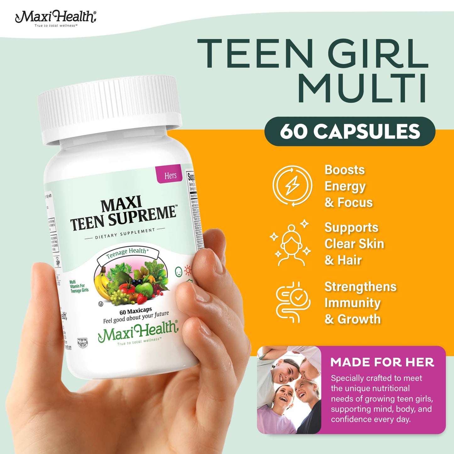 Teen Vitamins for Girls 12-17 - Teen Multivitamin Supreme with D3, Iron, Calcium, Biotin, Digestive Enzymes – Teenager Girl Multi Vitamins for Energy, - Maple Wellness Supplements