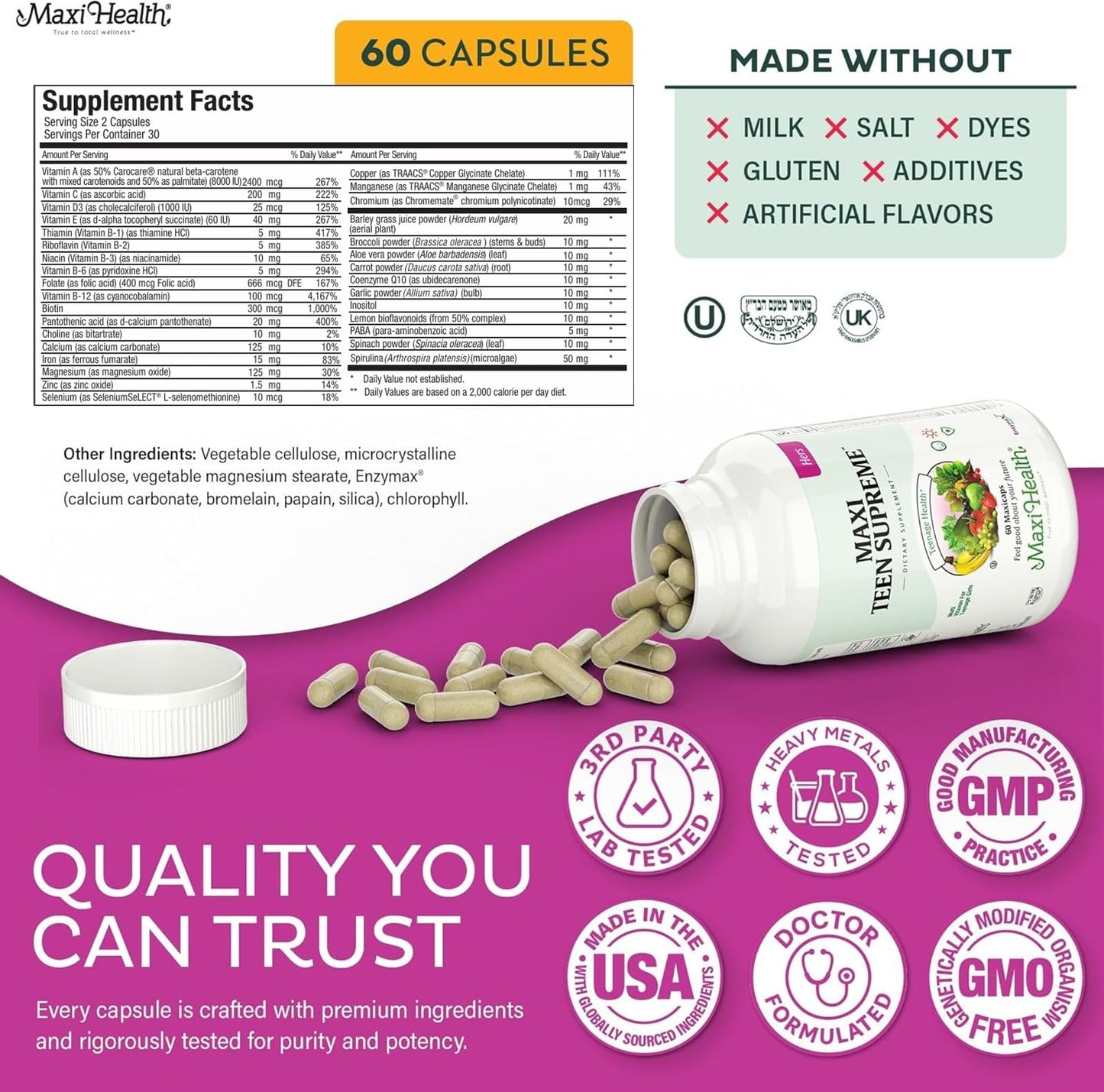 Teen Vitamins for Girls 12-17 - Teen Multivitamin Supreme with D3, Iron, Calcium, Biotin, Digestive Enzymes – Teenager Girl Multi Vitamins for Energy, - Maple Wellness Supplements
