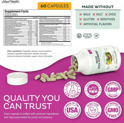 Teen Vitamins for Girls 12-17 - Teen Multivitamin Supreme with D3, Iron, Calcium, Biotin, Digestive Enzymes – Teenager Girl Multi Vitamins for Energy, - Maple Wellness Supplements