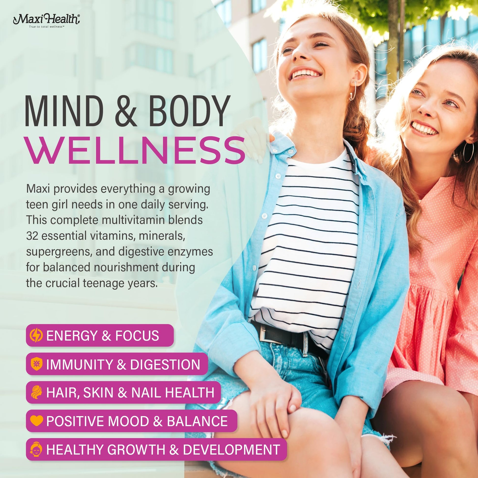 Teen Vitamins for Girls 12-17 - Teen Multivitamin Supreme with D3, Iron, Calcium, Biotin, Digestive Enzymes – Teenager Girl Multi Vitamins for Energy, - Maple Wellness Supplements
