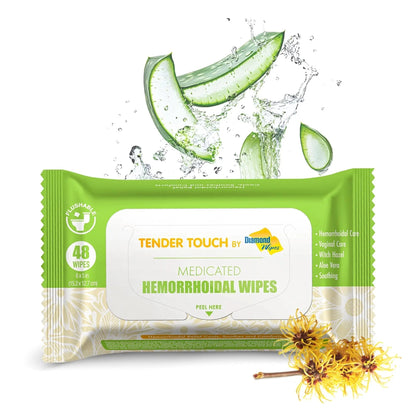 Tender Touch Hemorrhoid Wipes with Witch Hazel and Aloe, Flushable Medicated Wipes for Hemorrhoid and Vaginal Relief - Postpartum-Safe, Fragrance-free, Travel Size, 1 Pack, 48-ct. - Maple Wellness Supplements