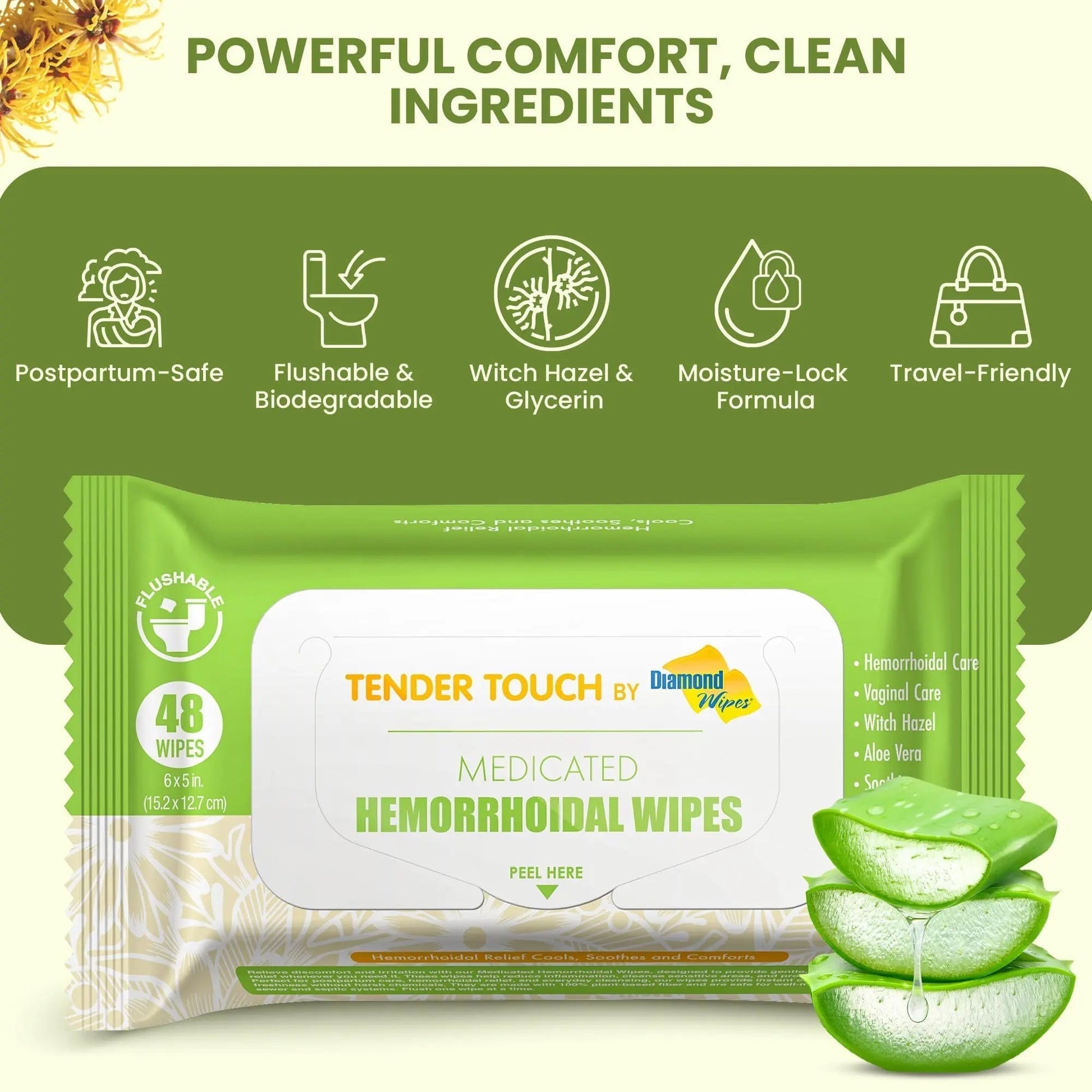 Tender Touch Hemorrhoid Wipes with Witch Hazel and Aloe, Flushable Medicated Wipes for Hemorrhoid and Vaginal Relief - Postpartum-Safe, Fragrance-free, Travel Size, 1 Pack, 48-ct. - Maple Wellness Supplements