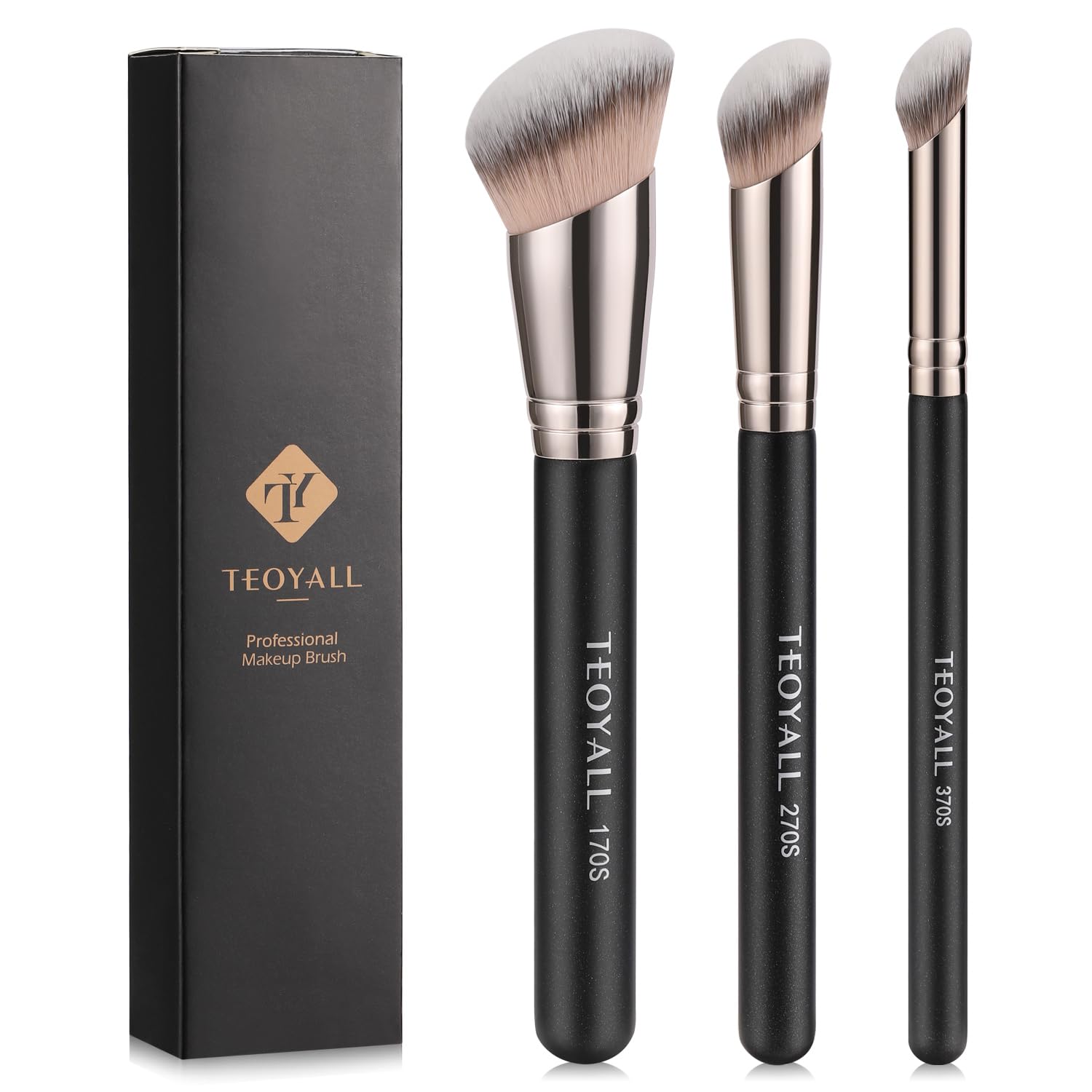 TEOYALL Foundation Contour Conceal Brush Set, 3PCS Angled Synthetic Kabuki Brush for Blending Setting Buffing with Liquid, Cream and Powder Cosmetic (170S/270S/370S) - Maple Wellness Supplements
