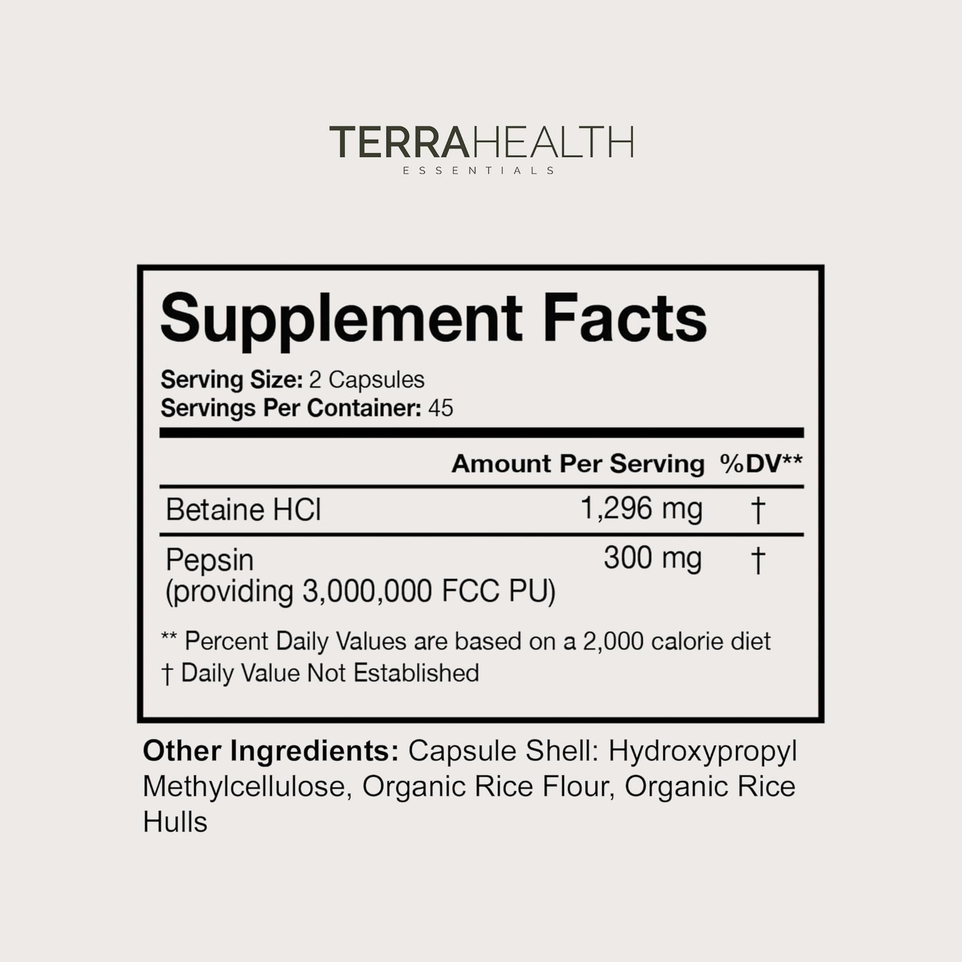 Terra Health Essentials Reflux Inhibitor - Digestive Supplement for Stomach Comfort, Acid Balance & Nutrient Absorption - Betaine HCL with Pepsin - Maple Wellness Supplements