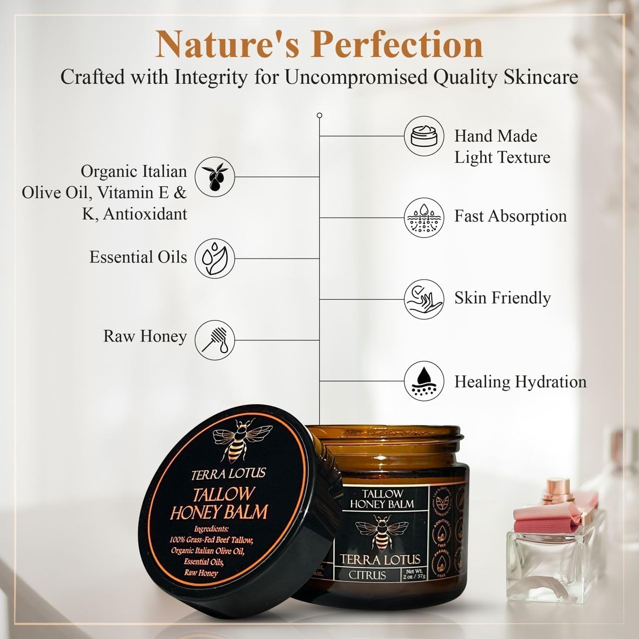 Terra Lotus - Organic Grass-Fed Beef Tallow Balm with Raw Honey - Moisturizing Cream - Maple Wellness Supplements