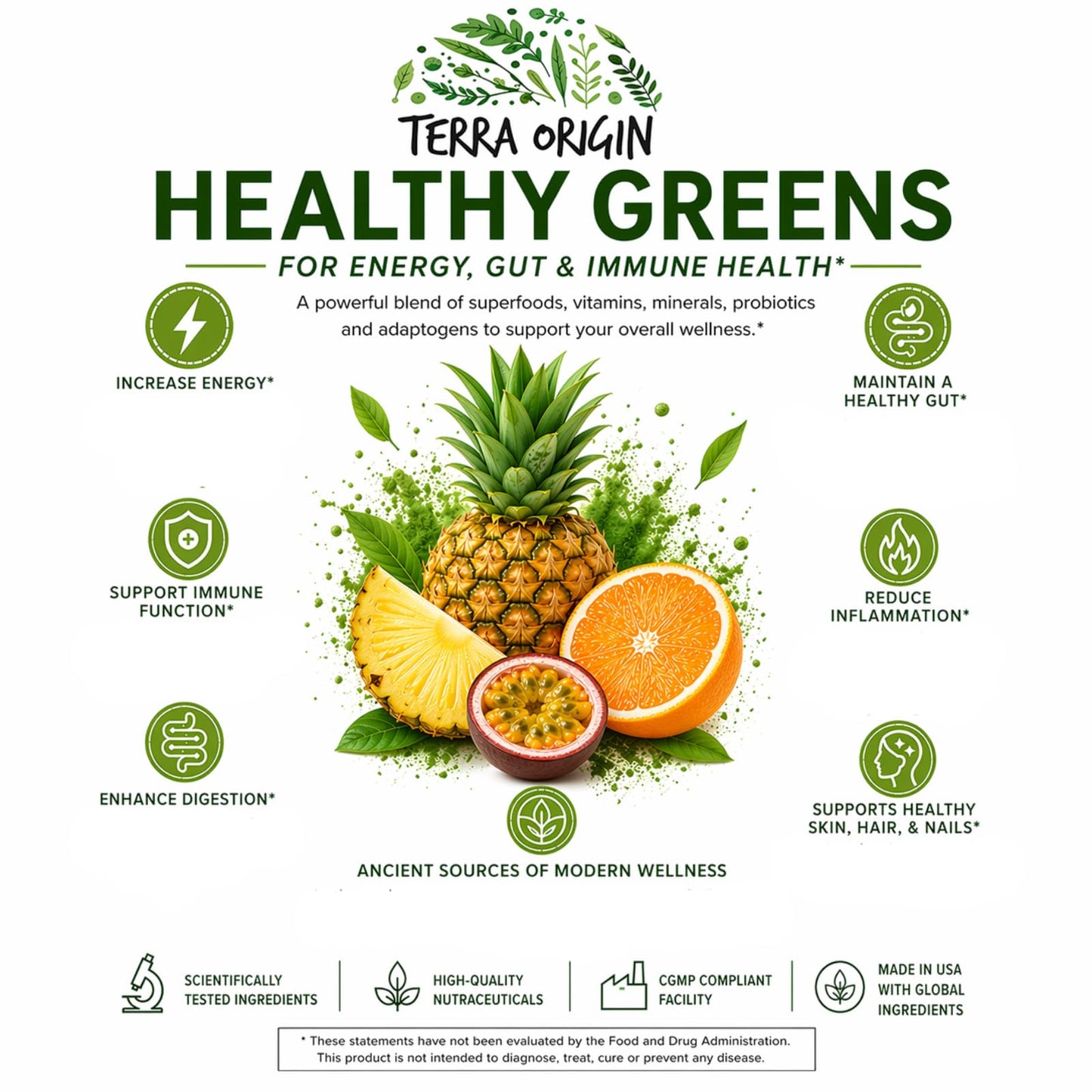 TERRA ORIGIN Healthy Greens Powder Supplement | Superfood Digestive Enzyme & Probiotic Blends | Immune, Gut, and Digestive Support for Women - Maple Wellness Supplements