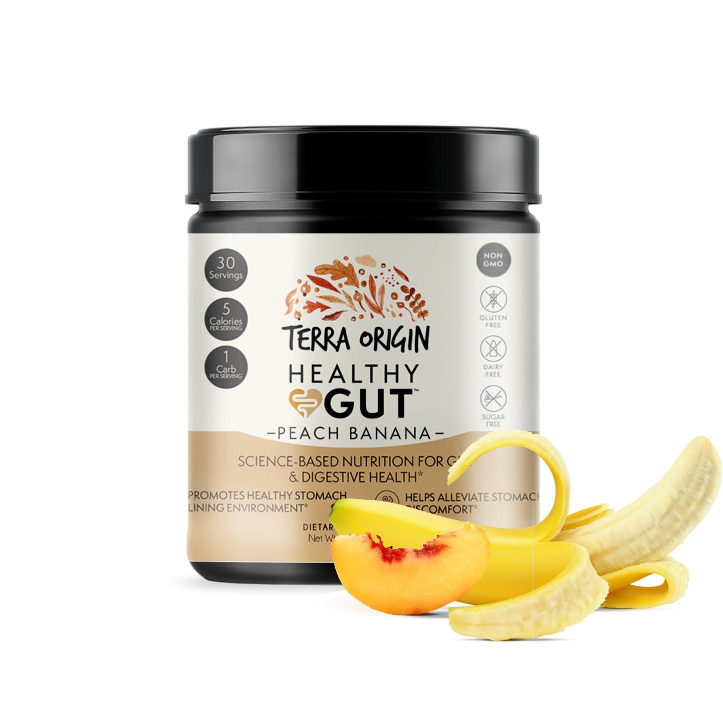 TERRA ORIGIN Healthy Gut Peach Banana | 30-Servings with L-Glutamine, Zinc, Glucosamine, Slippery Elm Bark, Marshmallow Root and More! - Maple Wellness Supplements