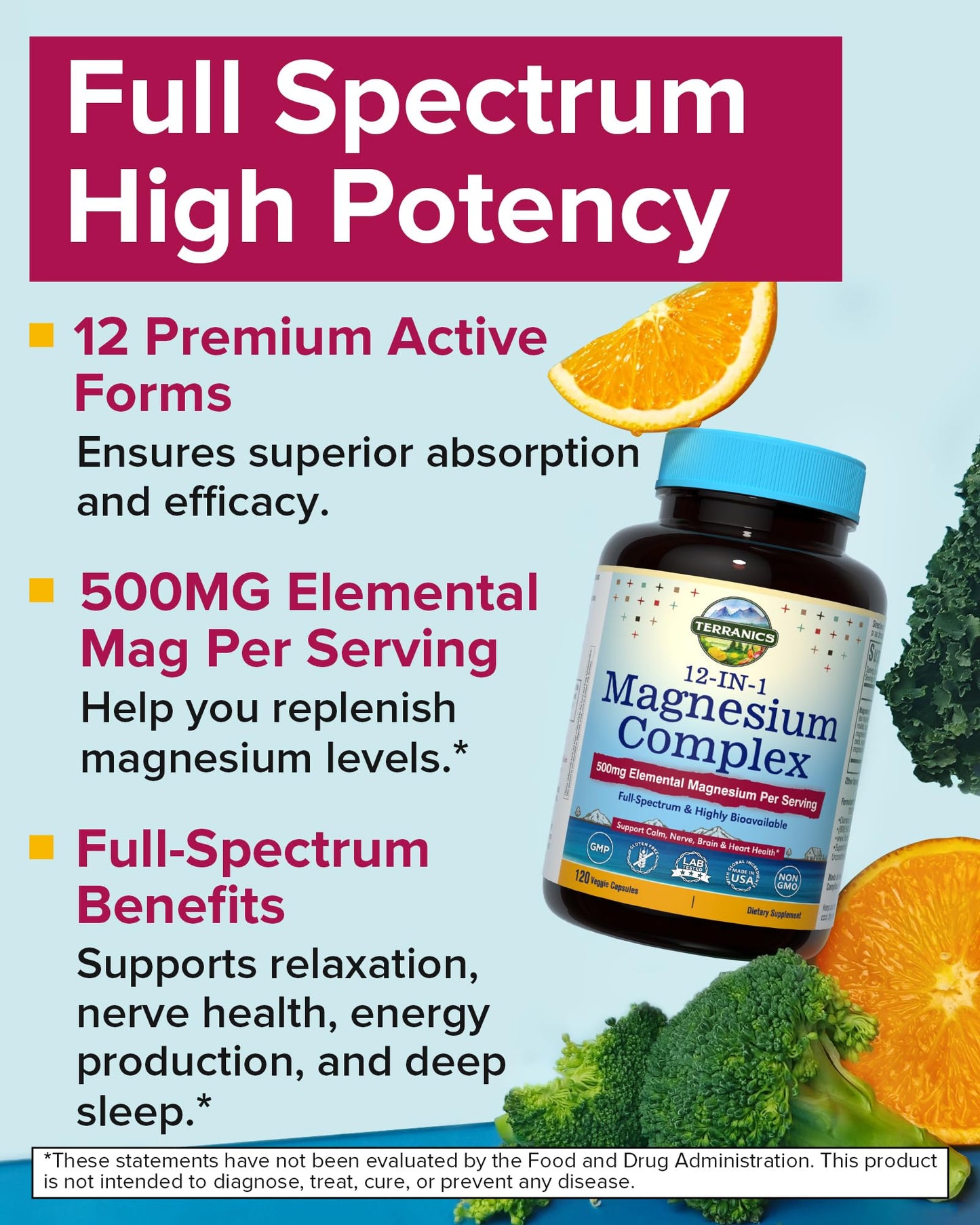 Terranics 12-in-1 Magnesium Complex 500mg, High Absorption Chelated Magnesium Glycinate, Citrate, Malate, Taurate, Orotate & More, for Sleep, Calm, Energy, Heart, Vegan, Non-GMO,120 Capsules - Maple Wellness Supplements