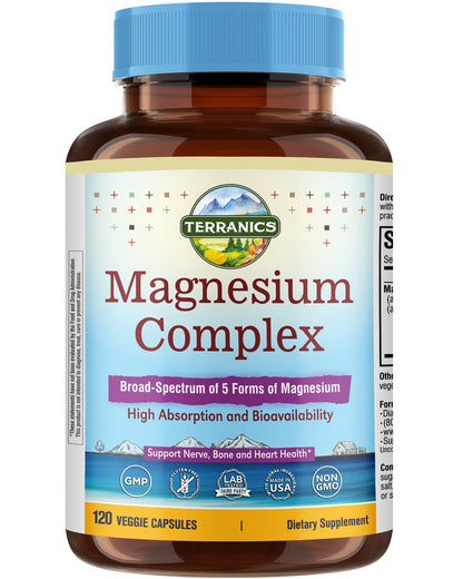 Terranics 5-in-1 Magnesium Complex Supplement 500mg - 5 Forms High Absorption Magnesium Glycinate Citrate Malate Aspartate Gluconate for Sleep Heart Health - Non-GMO 120 Vegan Capsules - Maple Wellness Supplements