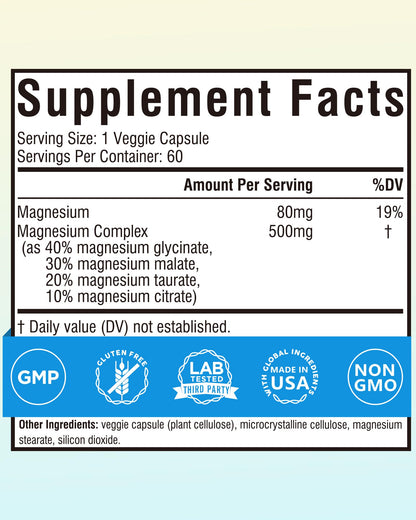Terranics Magnesium Complex 500mg, Glycinate, Malate, Taurate, Citrate, Chelated Purified Easily Absorbed Magnesium Supplement for Sleep, Heart, Energy, Digestion Support, 60 Capsules - Maple Wellness Supplements