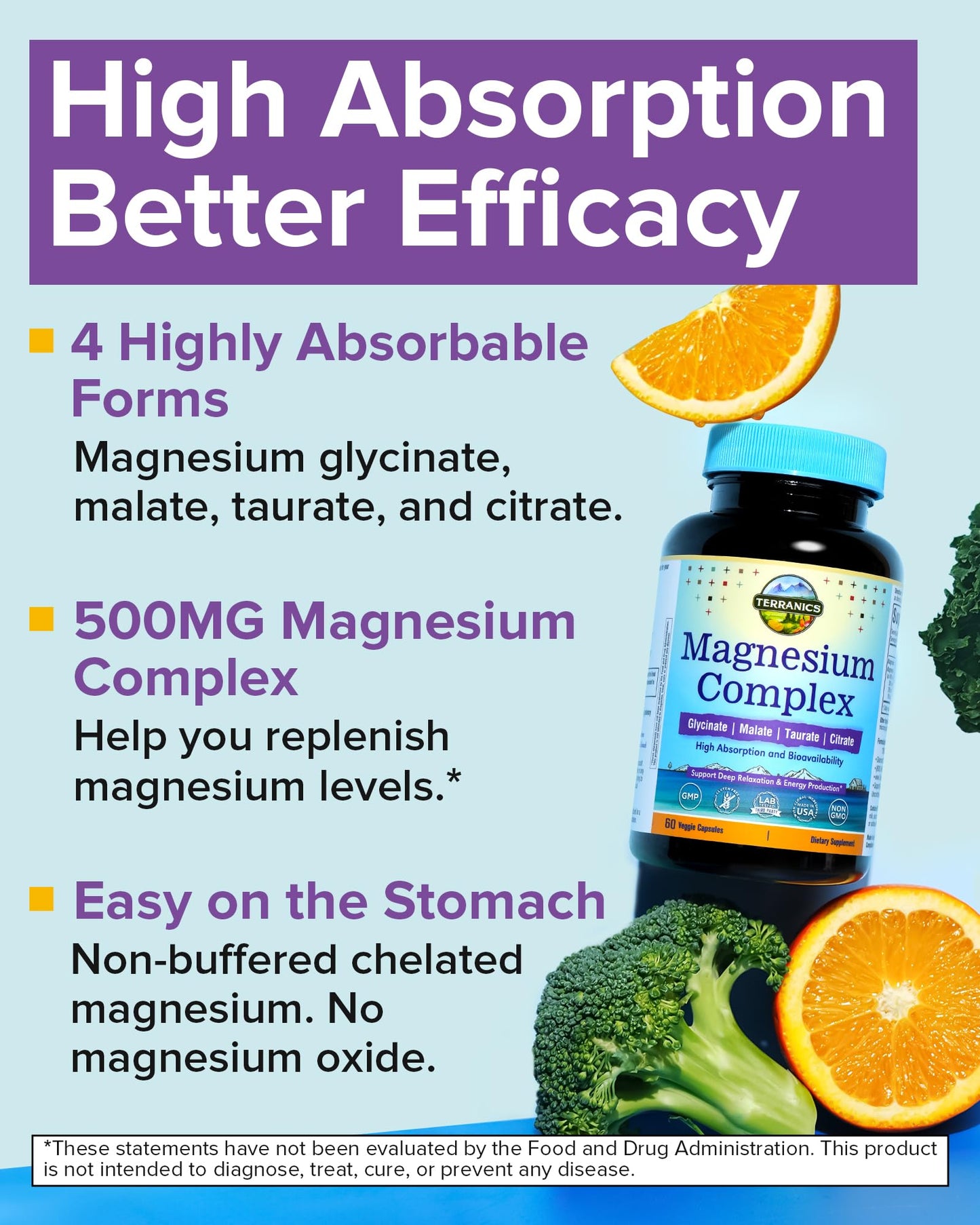 Terranics Magnesium Complex 500mg, Glycinate, Malate, Taurate, Citrate, Chelated Purified Easily Absorbed Magnesium Supplement for Sleep, Heart, Energy, Digestion Support, 60 Capsules - Maple Wellness Supplements