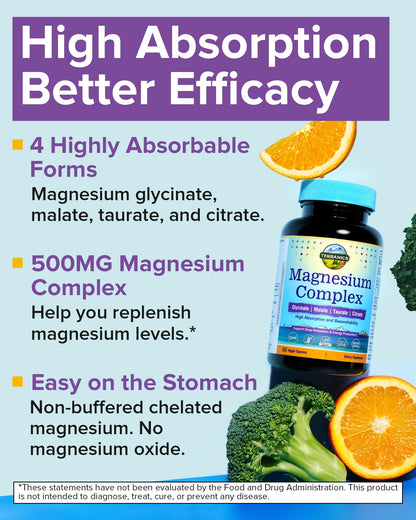 Terranics Magnesium Complex 500mg, Glycinate, Malate, Taurate, Citrate, Chelated Purified Easily Absorbed Magnesium Supplement for Sleep, Heart, Energy, Digestion Support, 60 Capsules - Maple Wellness Supplements