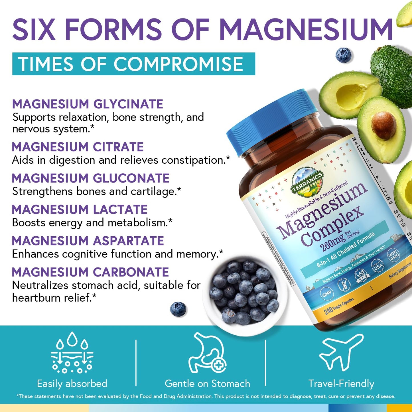 Terranics Magnesium Complex, 6-in-1, High Absorption, Glycinate, Citrate, Aspartate, Gluconate, Calmness, Heart, Bone, 240 Capsules, Non-Buffered - Maple Wellness Supplements