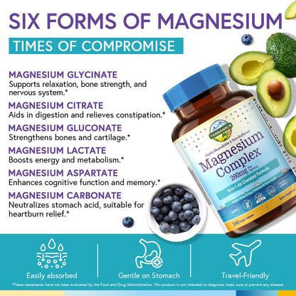 Terranics Magnesium Complex, 6-in-1, High Absorption, Glycinate, Citrate, Aspartate, Gluconate, Calmness, Heart, Bone, 240 Capsules, Non-Buffered - Maple Wellness Supplements