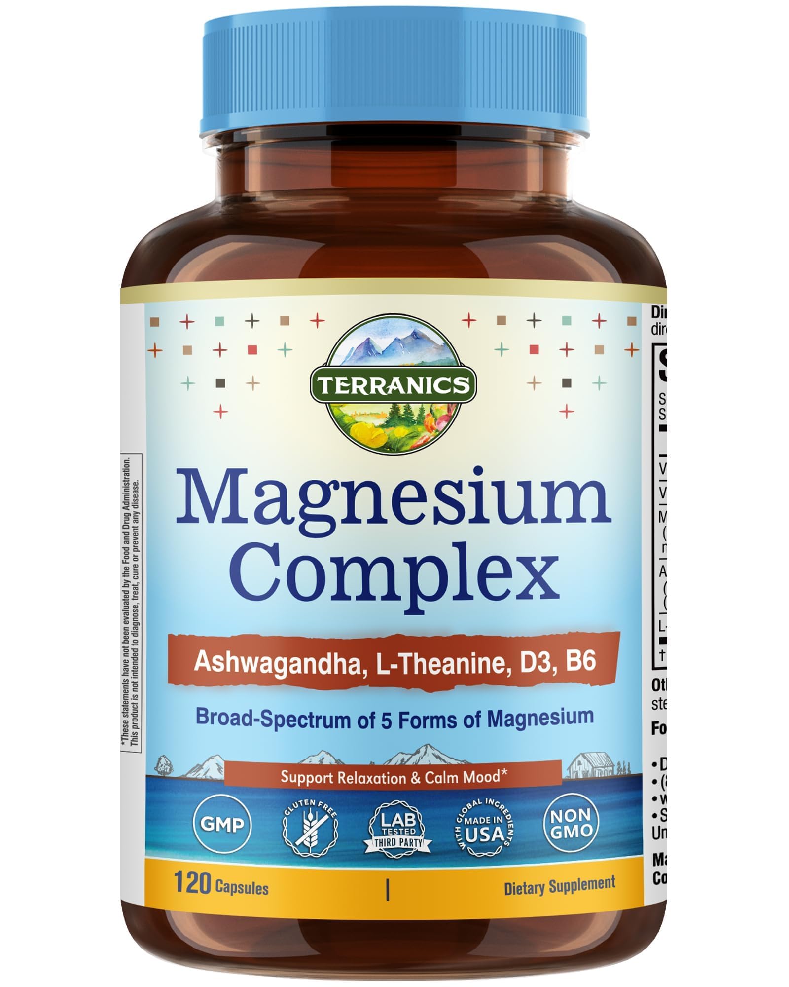 Terranics Magnesium Complex Supplement with Glycinate, Citrate, Taurate & Malate | Supports Nerve & Mood Health | Includes Ashwagandha, L-Theanine, Vitamin D3 & B6 | 120 Capsules | Non-GMO - Maple Wellness Supplements