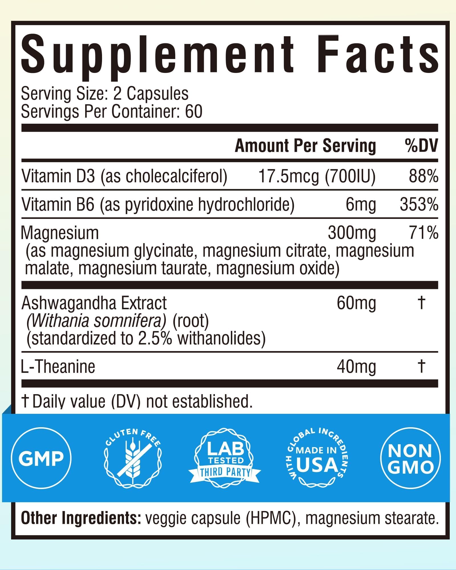 Terranics Magnesium Complex Supplement with Glycinate, Citrate, Taurate & Malate | Supports Nerve & Mood Health | Includes Ashwagandha, L-Theanine, Vitamin D3 & B6 | 120 Capsules | Non-GMO - Maple Wellness Supplements