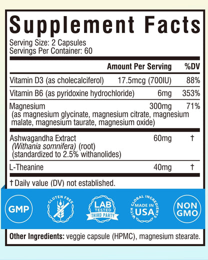 Terranics Magnesium Complex Supplement with Glycinate, Citrate, Taurate & Malate | Supports Nerve & Mood Health | Includes Ashwagandha, L-Theanine, Vitamin D3 & B6 | 120 Capsules | Non-GMO - Maple Wellness Supplements