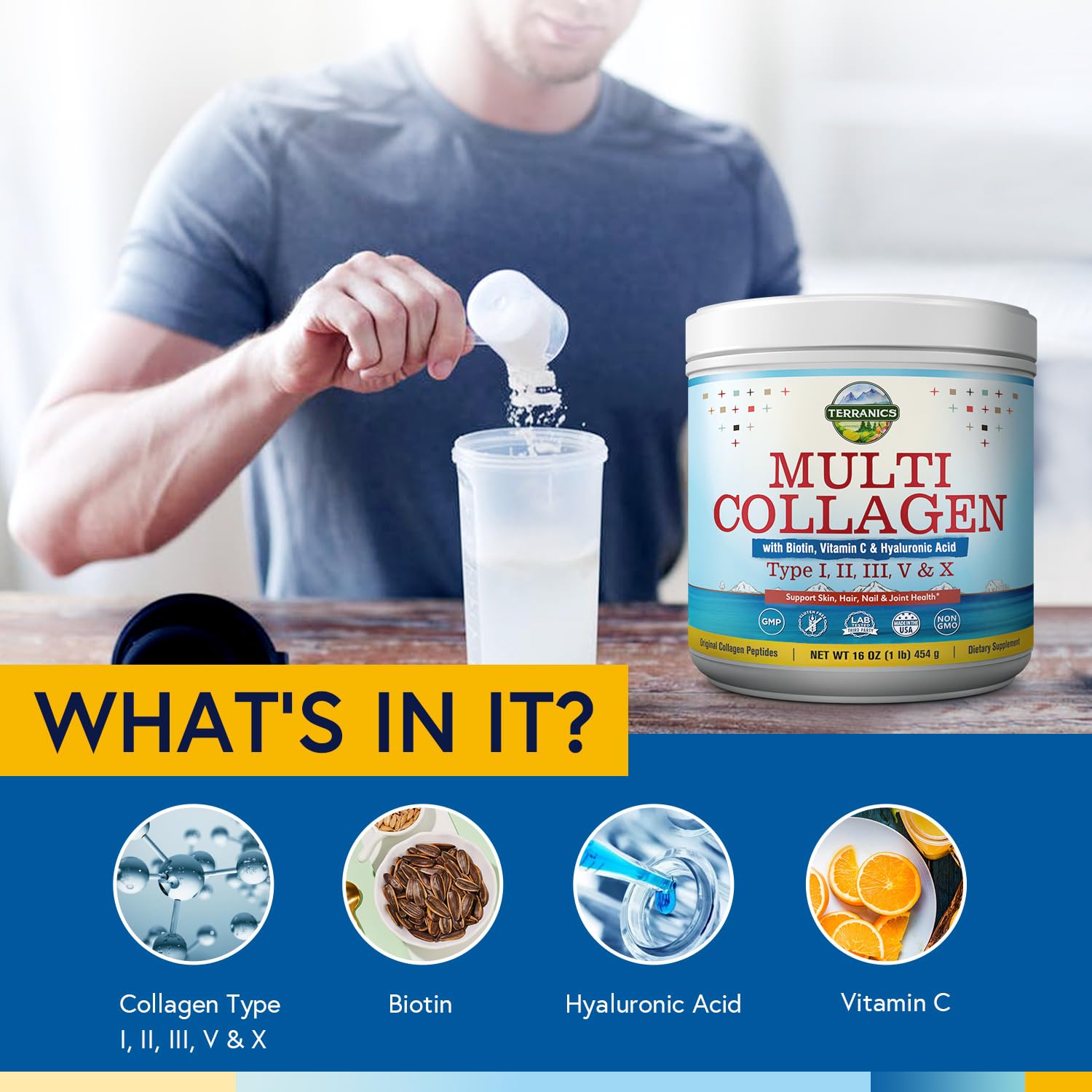 Terranics Multi Collagen Powder Type I II II V X with Biotin VC Hyaluronic Acid, Paleo - Maple Wellness Supplements