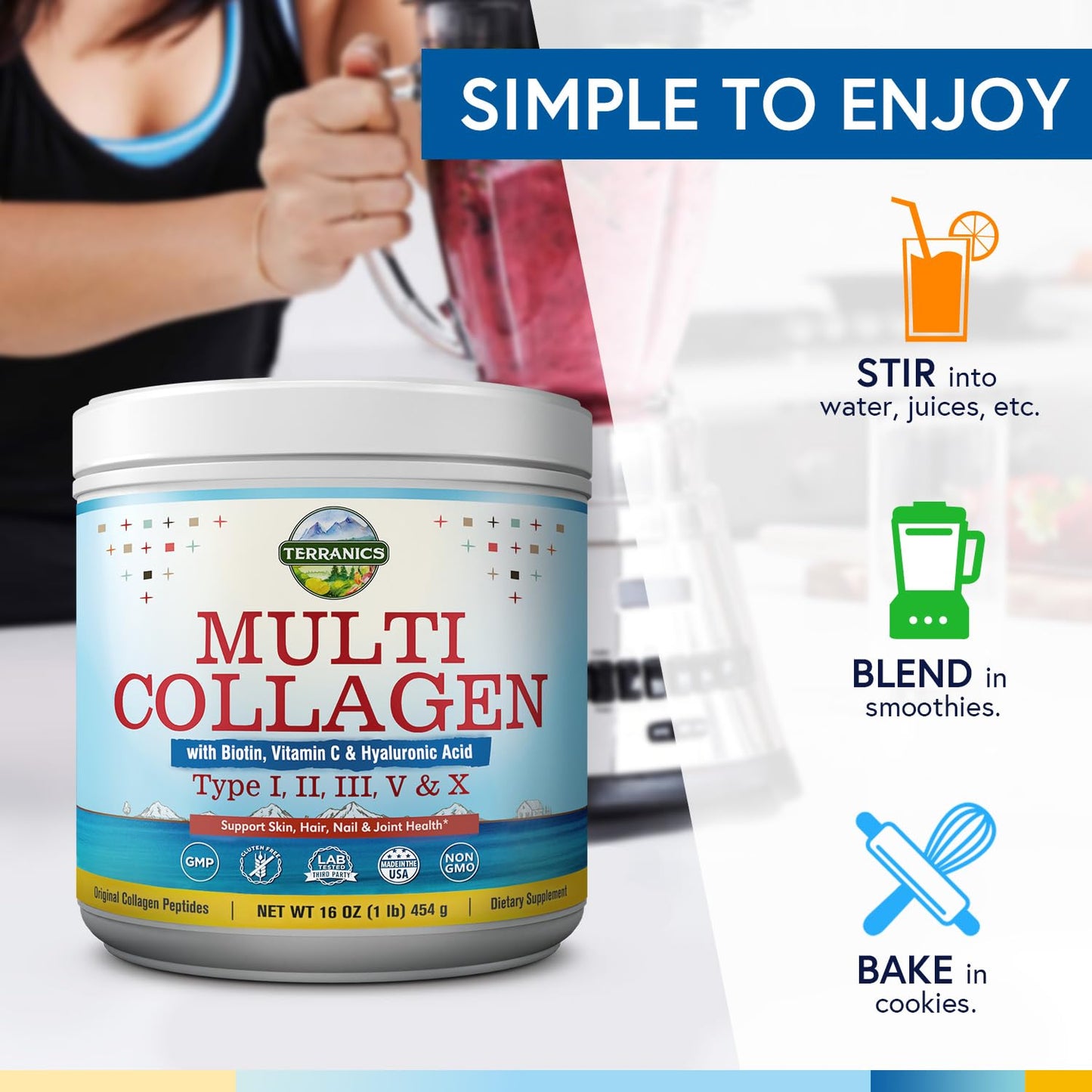 Terranics Multi Collagen Powder Type I II II V X with Biotin VC Hyaluronic Acid, Paleo - Maple Wellness Supplements