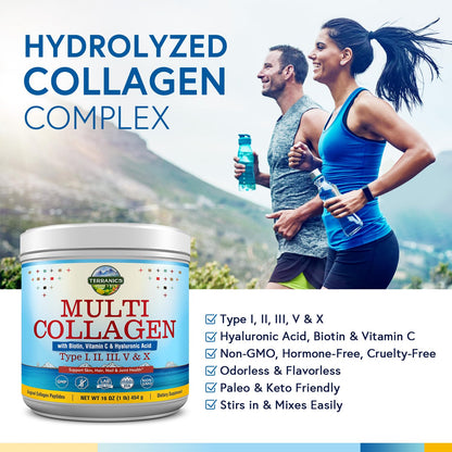 Terranics Multi Collagen Powder Type I II II V X with Biotin VC Hyaluronic Acid, Paleo - Maple Wellness Supplements