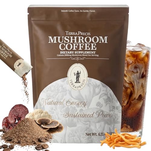 TerraPrecis Mushroom Coffee with 6 Adaptogens Mushrooms Supplement for Organic Lion's Mane&Reishi,Chaga&Other, Instant Coffee with MCT Oil& Arabica for Energy,Focus&Immune Support (30 Servings) - Maple Wellness Supplements