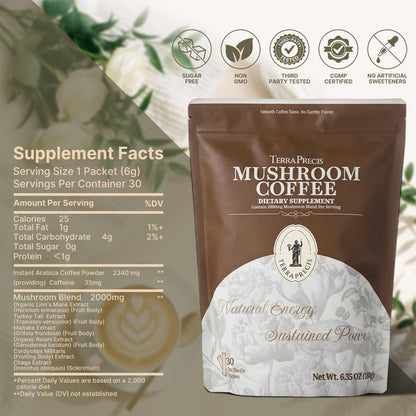 TerraPrecis Mushroom Coffee with 6 Adaptogens Mushrooms Supplement for Organic Lion's Mane&Reishi,Chaga&Other, Instant Coffee with MCT Oil& Arabica for Energy,Focus&Immune Support (30 Servings) - Maple Wellness Supplements