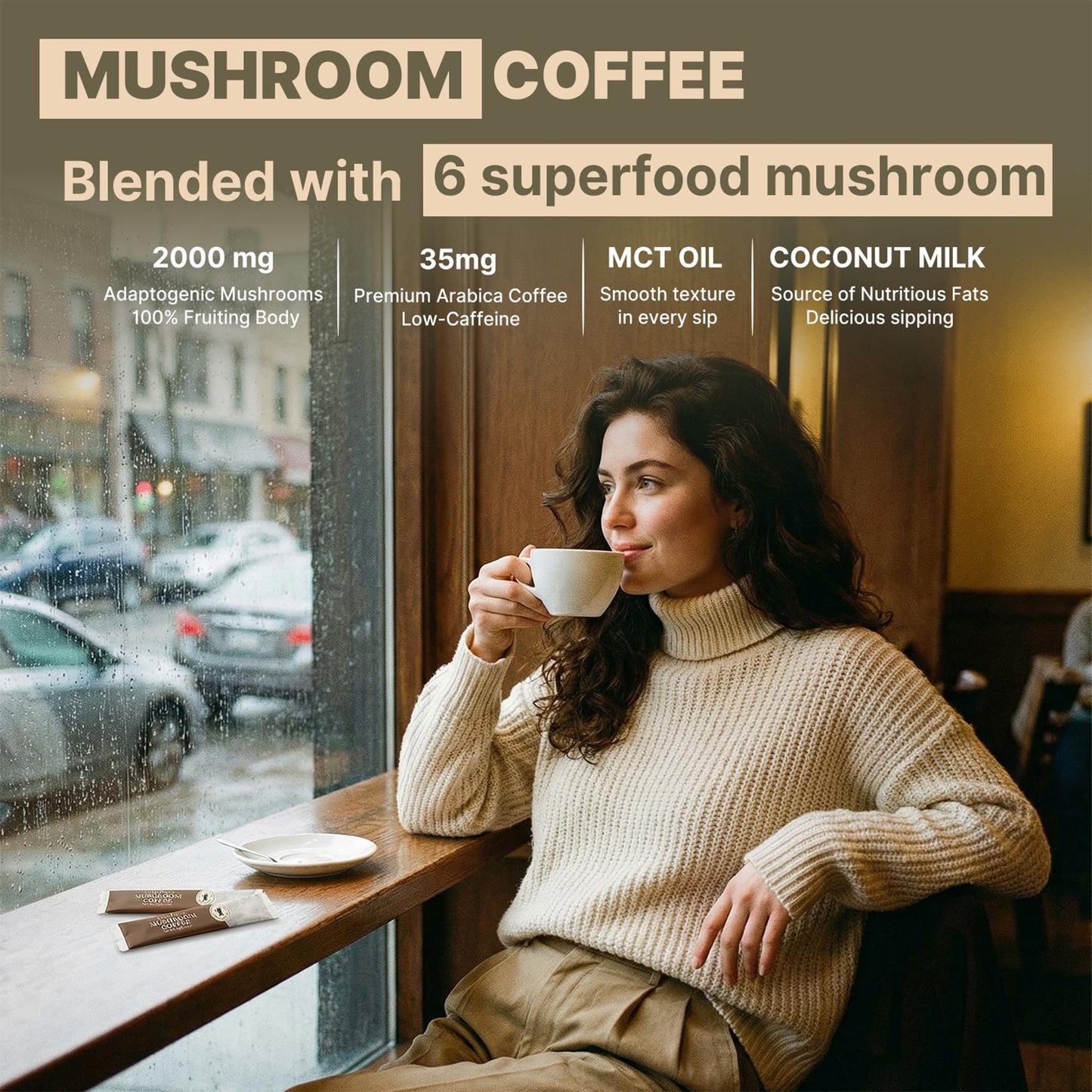 TerraPrecis Mushroom Coffee with 6 Adaptogens Mushrooms Supplement for Organic Lion's Mane&Reishi,Chaga&Other, Instant Coffee with MCT Oil& Arabica for Energy,Focus&Immune Support (30 Servings) - Maple Wellness Supplements
