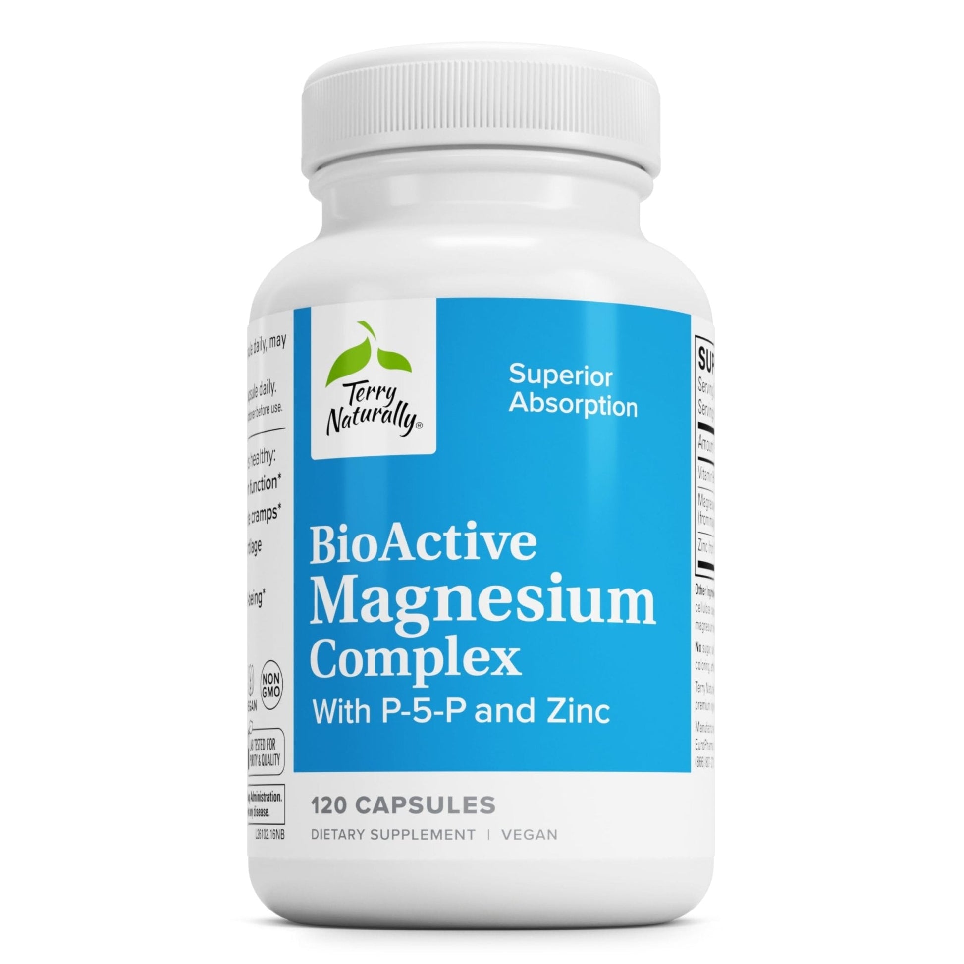 Terry Naturally BioActive Magnesium Complex - Bone & Heart Health Support - Supplement with Vitamin B6, Zinc & Magnesium - Pyridoxal-5-Phosphate Vegan Capsule Supplement - 120 Capsules - Maple Wellness Supplements