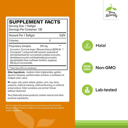 Terry Naturally CuraMed 375mg - Antioxidant Supplement for Brain & Immune Health Support - Dietary Supplement with Curcumin & Turmeric Essential Oil - Herbal Liver Support - 120 Softgels - Maple Wellness Supplements