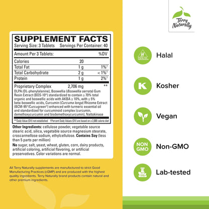 Terry Naturally Curamin Extra Strength - 120 Vegan Tablets - Non-Addictive Pain Relief Supplement with Curcumin from Turmeric - Maple Wellness Supplements