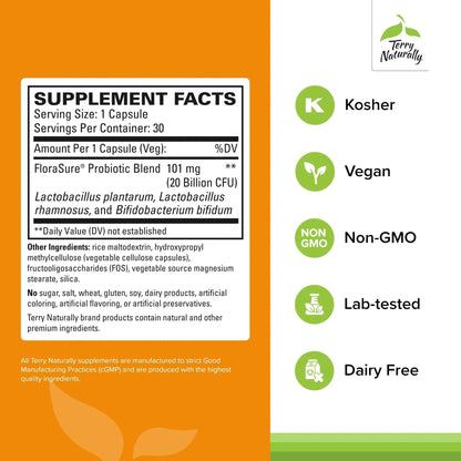 Terry Naturally FloraSure Probiotic - Digestion Supplement to Aid Against Occasional Bloating & Support Gas Relief - Gut Health Support with Bifidobacterium Bifidum - 30 Capsules (Pack of 2) - Maple Wellness Supplements