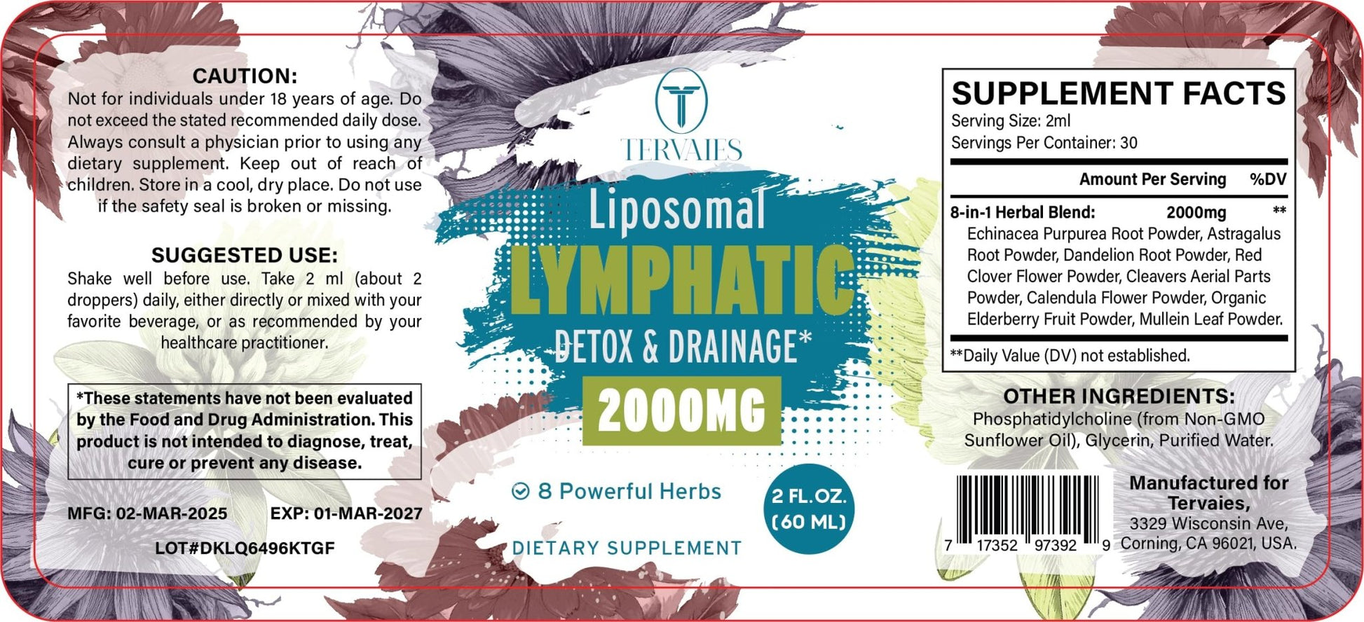 Tervaies Liposomal Lymphatic Drainage Drops 2000mg – Herbal Blend with Elderberry & Echinacea – 2 FL OZ - Maple Wellness Supplements